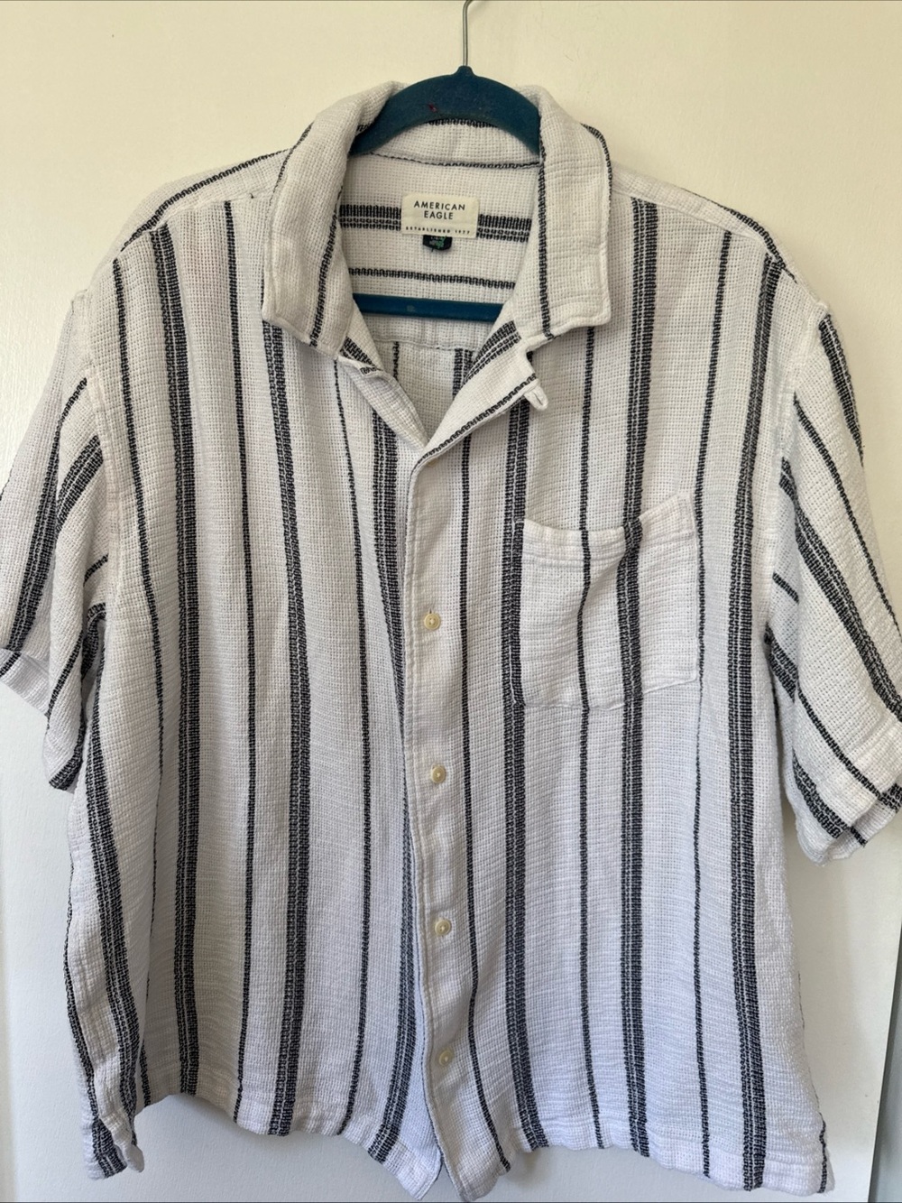 American Eagle Outfitters White Button-Down Shirt with Black Vertical Stripes